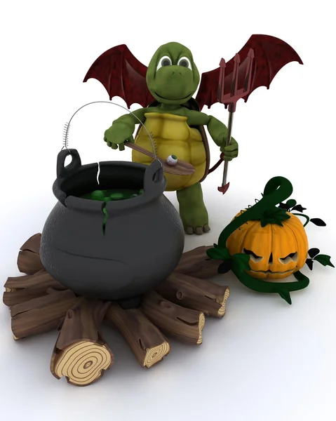 Deamon Tortoise with cauldron of eyeballs on log fire — Stock Photo, Image