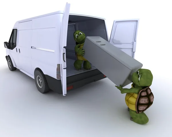 Tortoises loading a refridgerator into a van — Stock Photo, Image