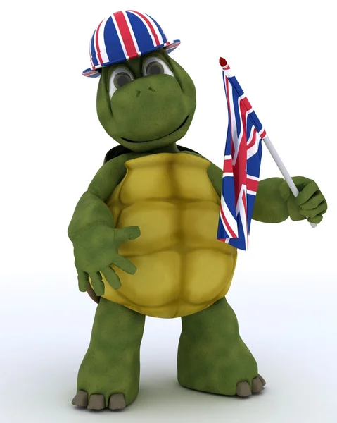 Tortoise in Union Jack Hat with Flag — Stock Photo, Image