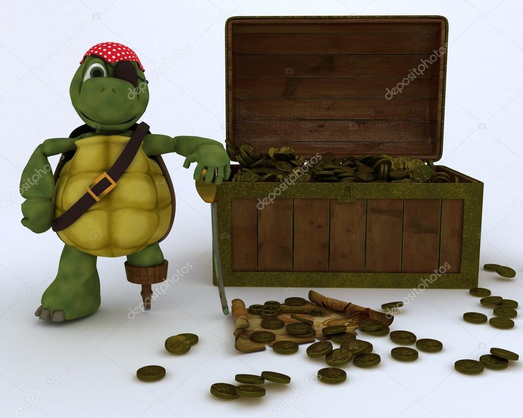 tortoise pirate with a treasure chest