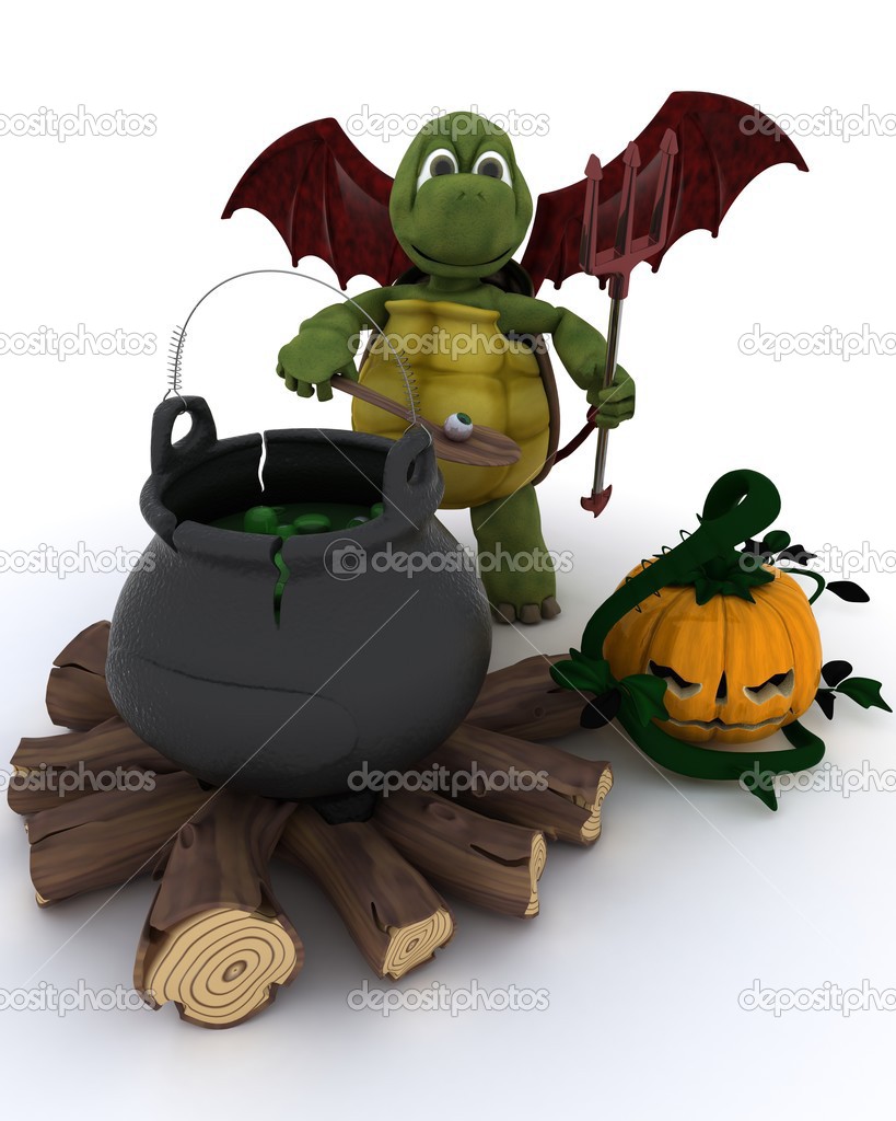 Deamon Tortoise with cauldron of eyeballs on log fire