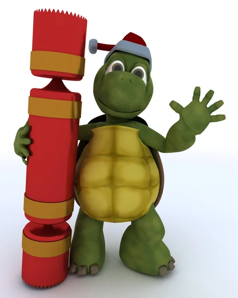 Tortoise with christmas cracker — Stock Photo, Image