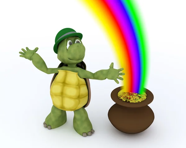 Tortoise with pot of gold and rainbow — Stock Photo, Image