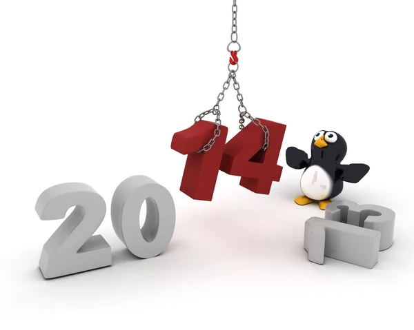 Penguin character bringing in the new year — Stock Photo, Image