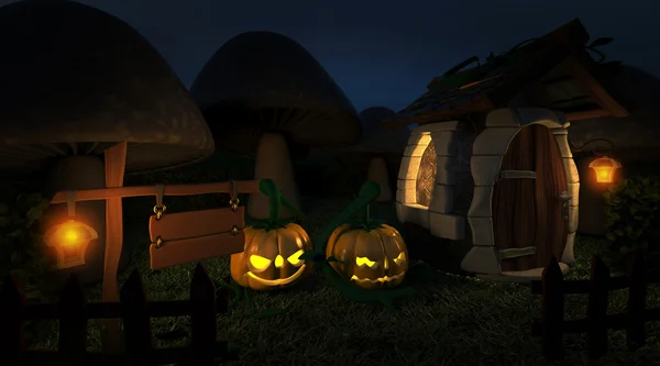 Casa de campo en el bosque de fantasía en Halloween — Foto de Stock