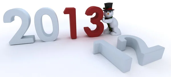 Bonhomme de neige en chapeau et écharpe apportant la nouvelle année — Photo