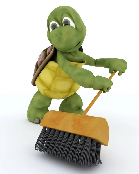 Tortoise sweeping with a brush — Stock Photo, Image