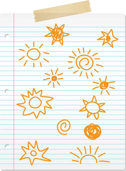 Hand drawn sun doodles on lined paper — Stock Vector