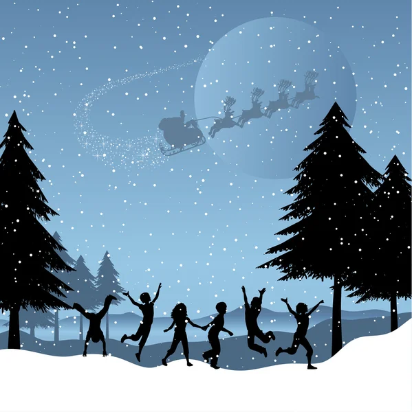 Children playing with santa in the sky — Stock Vector