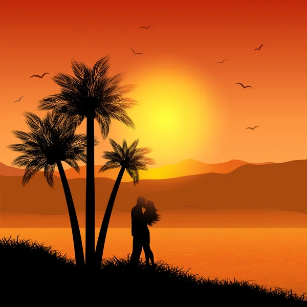 Besos pareja en tropical paisaje — Vector de stock