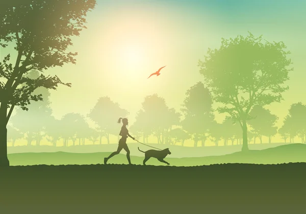 Jogging femenino con perro en el campo — Vector de stock