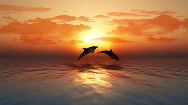 Sunset ocean with dolphins jumping clipart