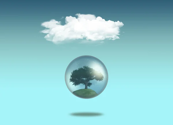 Tree in globe under a white cloud — Stock Photo, Image