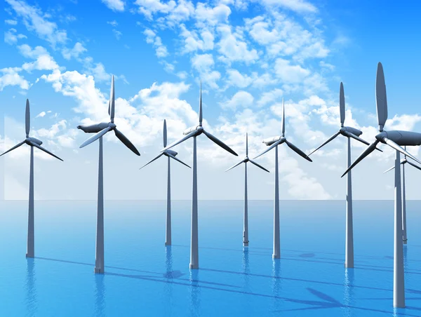 3D Wind turbines in ocean — Stock Photo, Image