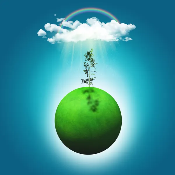 3D render of a grassy globe with a seedling, rainbow and rainclo — Stock Photo, Image