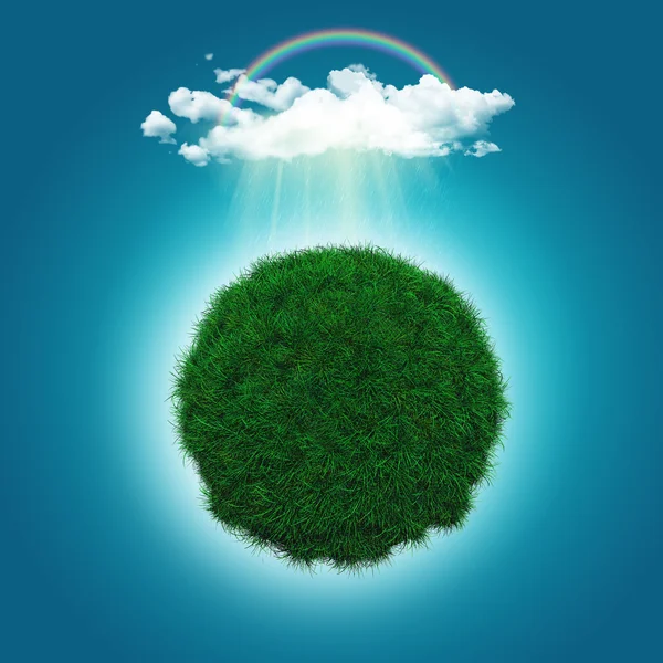 一个长满草的球体，有彩虹和乌云飘飘的 3d 渲染 — 图库照片