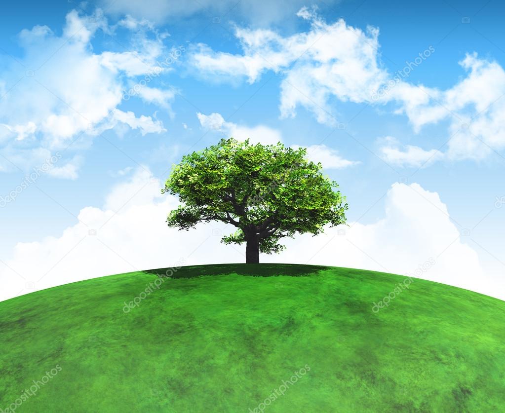 3D render of a tree on a curved grassy landscape