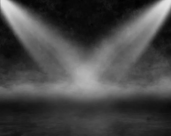 Renderização Interior Grunge Com Holofotes Brilhando Uma Atmosfera Nebulosa — Fotografia de Stock