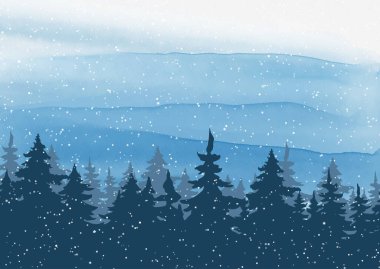 Elle boyanmış suluboya ağaç manzaralı Noel arkaplanı