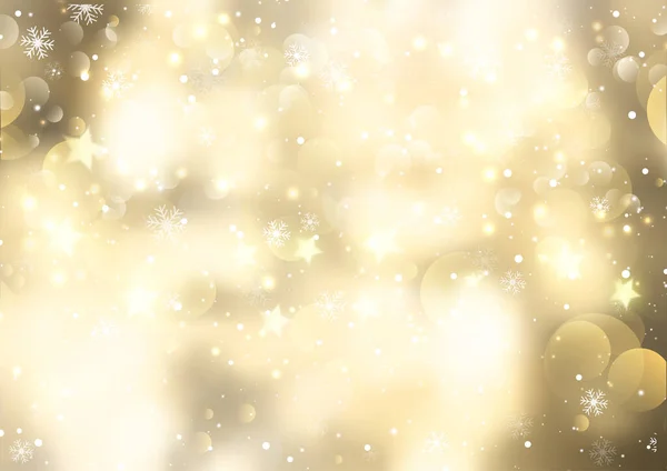 Kar Taneleri Bokeh Işıkları Tasarımlı Altın Noel Arkaplanı — Stok Vektör