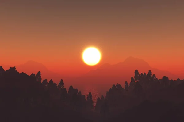 Rendering Van Een Bergen Bomen Landschap Tegen Een Zonsondergang Lucht — Stockfoto