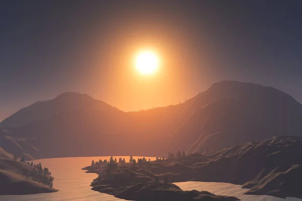3D渲染的日落景观与山脉 街道和湖泊 — 图库照片