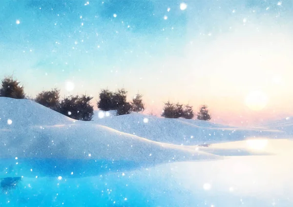 Рука Пофарбована Акварель Зимовий Пейзаж Сонця Фоні Заходу Сонця — стоковий вектор
