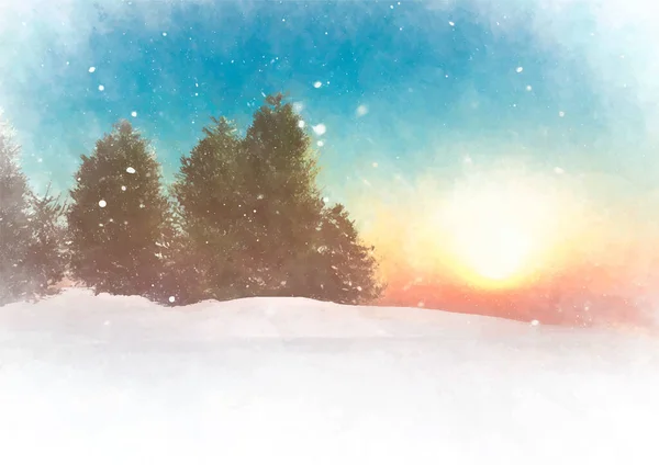 Ručně Malované Akvarel Zimní Krajina Při Západu Slunce — Stockový vektor