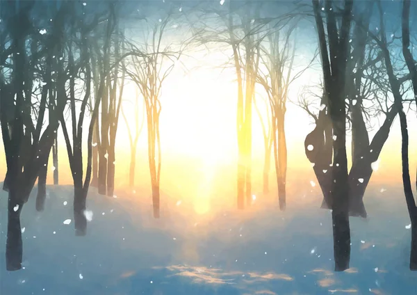 Ručně Malované Zimní Slunovrat Lesní Krajina — Stockový vektor