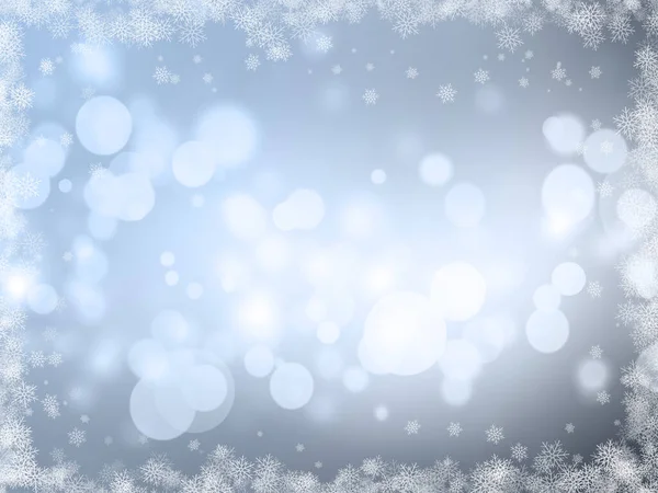 ボケライトと雪の結晶の境界線とクリスマスの銀の背景 — ストック写真