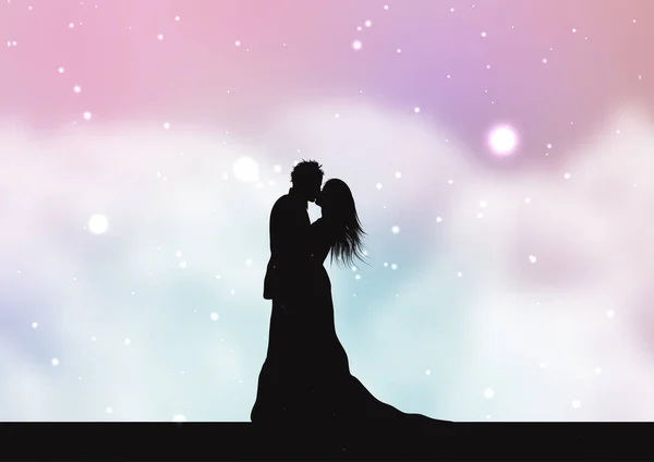 パステルカラーの綿菓子の雲の背景デザインの花嫁と新郎のシルエット — ストックベクタ