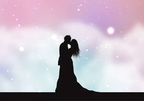 Silhouette Une Mariée Marié Sur Pastel Barbe Papa Nuages Fond — Image vectorielle