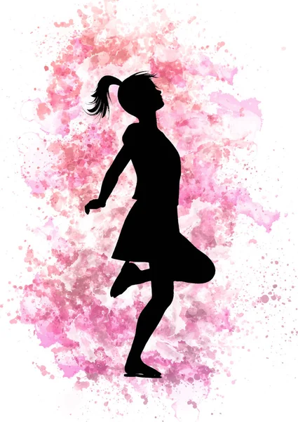 Silhouette Skipping Girl Pink Watercolour Background — Stock Vector