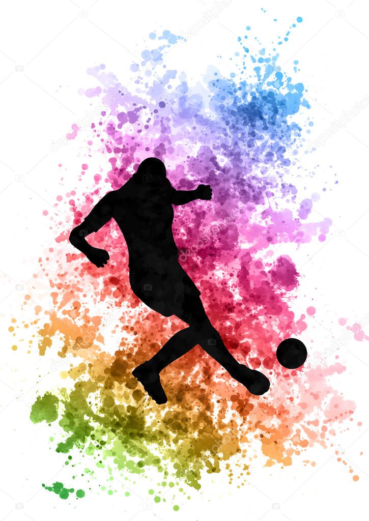 Slhouette of a football or soccer player on awatercolour background
