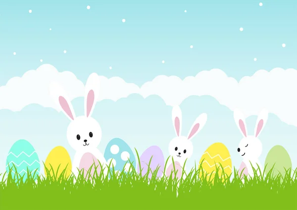 Easter Background Cute Bunnies Eggs Sunny Landscape — Stock Vector