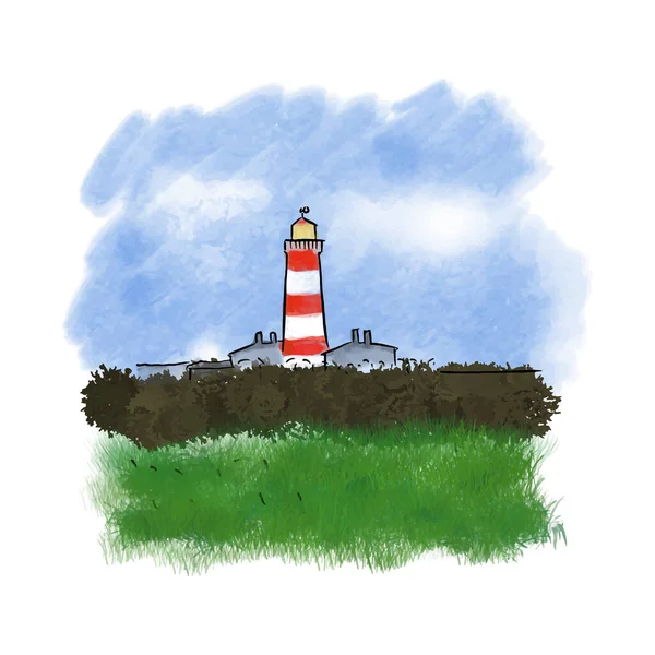 Arte Pintada Mão Uma Imagem Aquarela Uma Paisagem Com Farol — Vetor de Stock