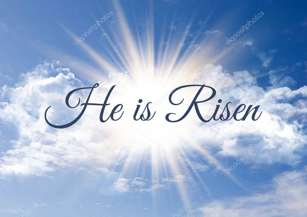 He is risen background with a sunburst in blue sky design