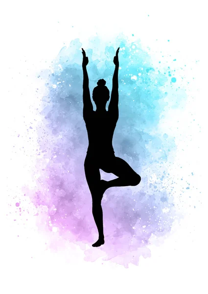 Silhouette Une Femme Position Yoga Sur Fond Aquarelle — Image vectorielle