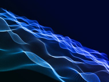 Dijital parçacıklarla modern bir tekno arkaplanın 3B görüntüsü