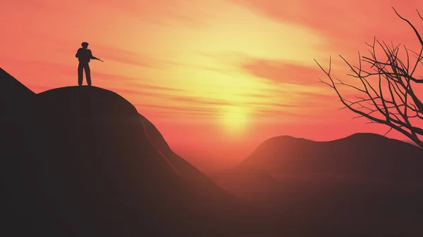 Визуализация Пейзажа Силуэтом Солдата Стоящего Вершине Холма Против Закатного Неба — стоковое фото