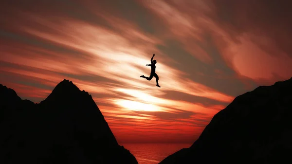 Rendu Paysage Avec Silhouette Mâle Sautant Entre Les Falaises — Photo