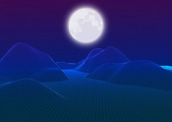 Abstract Background Wireframe Landscape Moonlit Sky — Wektor stockowy
