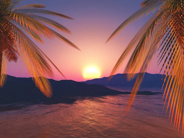 Render Tropical Landscape Palm Trees Sunset Ocean — ストック写真