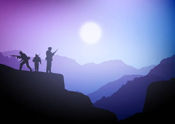 Silhouettes Soldats Dans Paysage Coucher Soleil Violet — Image vectorielle