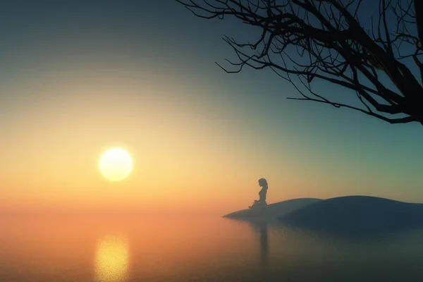 Darstellung Einer Sonnenuntergangslandschaft Mit Der Silhouette Einer Frau Yogaposition — Stockfoto