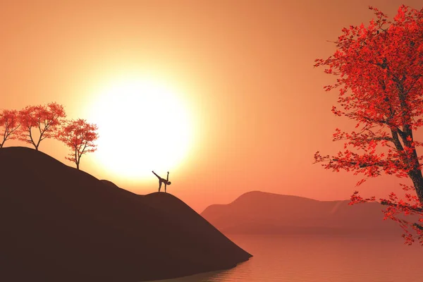 3Dレンダリングの木と崖の上にヨガのポーズで女性と夕日の風景 — ストック写真