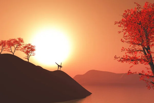 Rendering Paesaggio Tramonto Con Femmina Posa Yoga Scogliera Con Alberi — Foto Stock