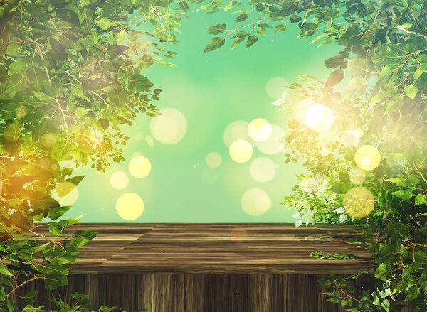 3D render of a wooden table with green leaves against a defocussed background