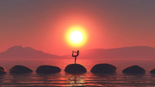 3D render of a sunset landscape with female in yoga pose on stepping stones in ocean