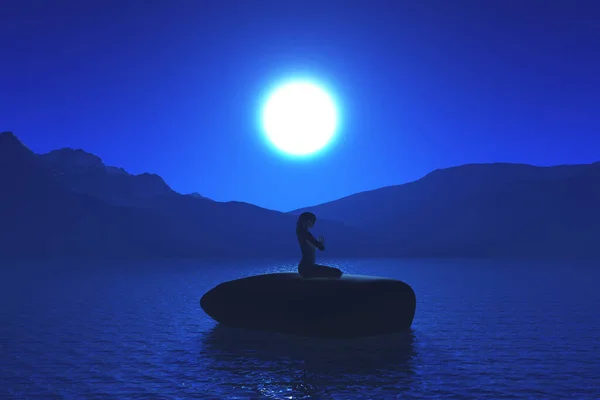 3D render of a female in yoga pose on stepping stone against night sky